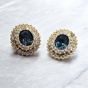 W Lind Earrings Pierced Blue Green Hues Clustered Clear Rhinestones Gold Tone